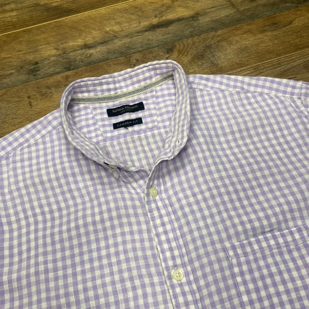 Banana Republic Shirt Mens XL Purple Gingham Linen Camden Fit Short Sleeve